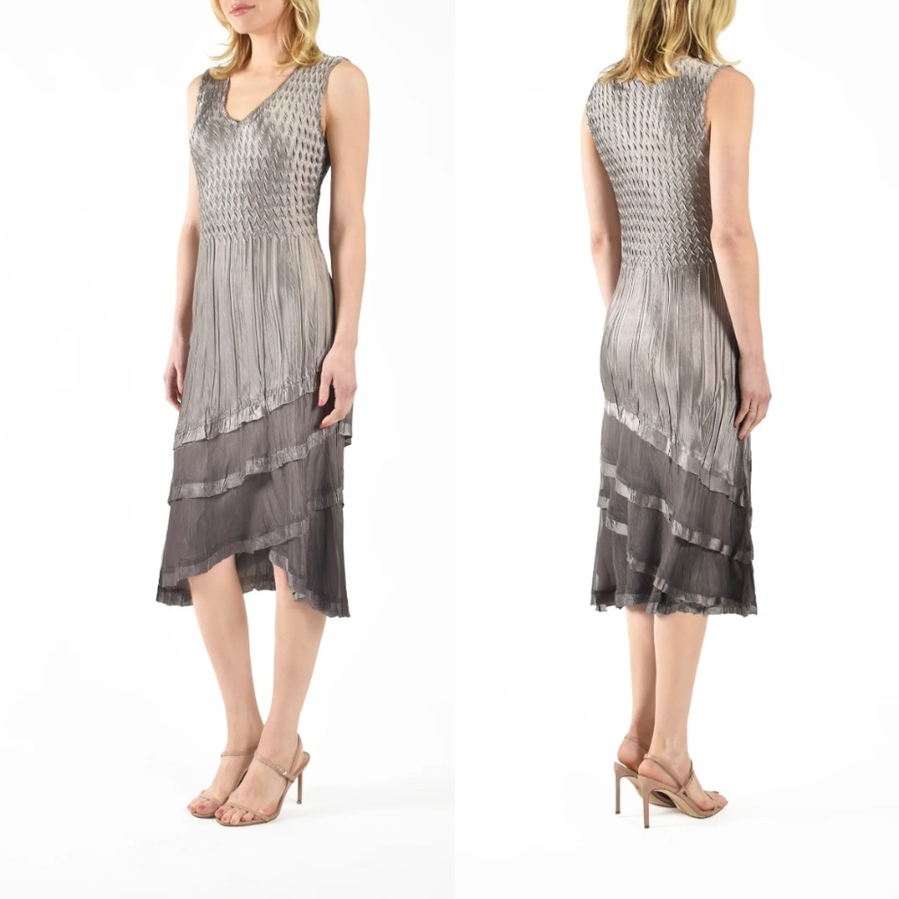 Komarov Charmeuse Dress Luminous Oyster Smoke Ombre Tiered Satin Midi